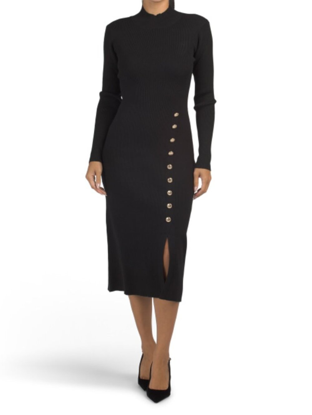 ELIE TAHARI Long Sleeve Mock Neck Midi Dress With Faux Front Button Details
